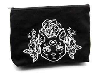 Sphinx Cat Cosmetic Bag L Embroidered Black