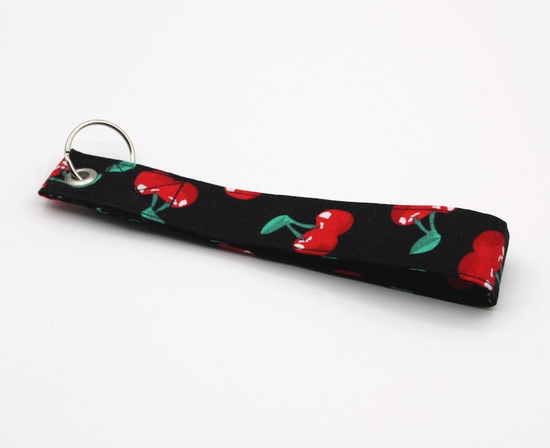 Large cherries keychain short of fabric black red rockabilly keyring image 1