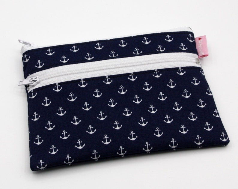 Small anchor mini wallet with 2 zipper compartments fabric purse blue image 1