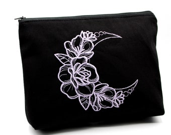 Halbmond Blüten Lilac Kosmetiktasche L bestickt Schwarz Blumen Mond