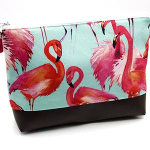 Flamingo Kosmetiktasche L mit Kunstleder Braun Paradies Kulturtasche Hellblau Pink