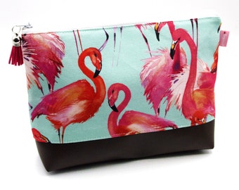 Flamingo Kosmetiktasche L mit Kunstleder Braun Paradies Kulturtasche Hellblau Pink