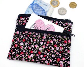 Small Roses Mini Wallet with 2 Zipper Compartments Fabric Wallet Black