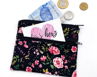 Pink Flowers Mini Wallet with 2 Zipper Compartments Fabric Wallet Black