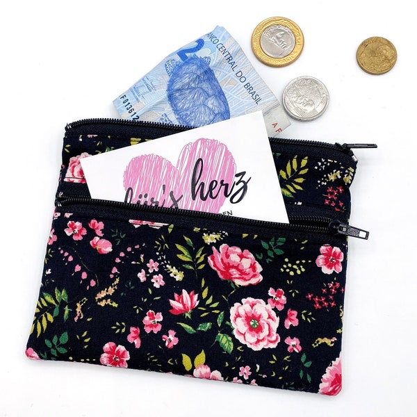 Pink Flowers Mini Wallet with 2 Zipper Compartments Fabric Wallet Black