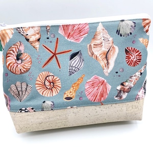 Muscheln Teal Blau Kosmetiktasche L mit Kork Boden Weiß maritim Canvas