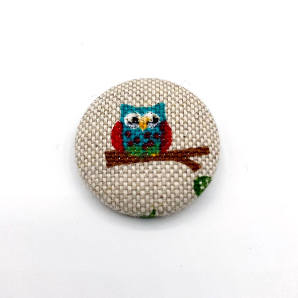 Cute Owl Fabric Button / Fabric Brooch Linen Owl Pin