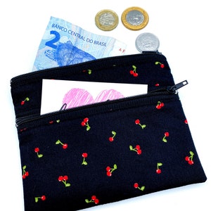 Kleine Kirschen Mini Portemonnaie mit 2 Reißverschluß Fächern Stoff Geldbeutel Schwarz