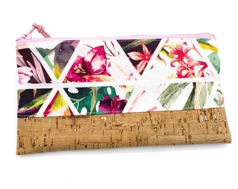 Exotic Flowers Pencil Case with Cork Bottom Pink Gold Palms Triangles Canvas Pink Colorful