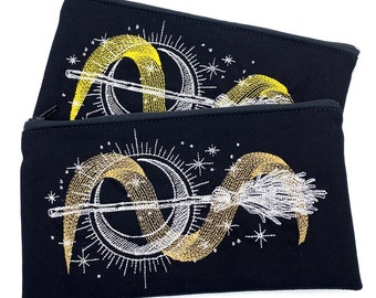 Witch Moon Magic Pencil Case Black Bronze or Gold with Embroidery Pencil Bag Moon Witch