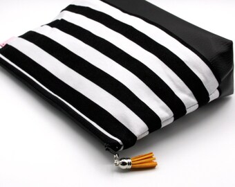 Large stripes cosmetic bag L black white with faux leather floor small culture bag