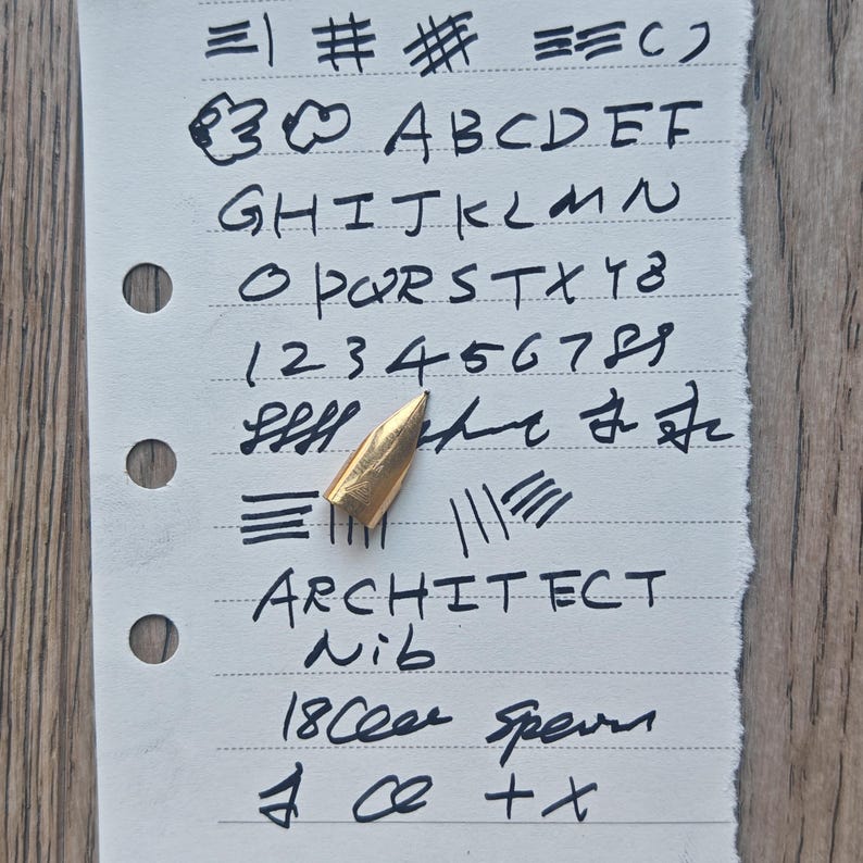 May include: A close-up of a piece of lined paper with handwritten text and a gold-colored pen nib. The text includes letters, numbers, and the words "ARCHITECT Nib" and "18 Cee sperm".