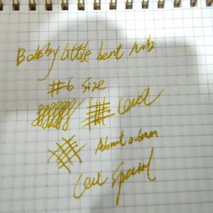 Puede incluir: Primer plano de una p&aacute;gina de cuaderno con texto manuscrito y pruebas de tinta en tinta dorada. El texto incluye "Bobby little bent nib", "#6 Size" y "Cell Spaced". Las pruebas de tinta muestran varios patrones de l&iacute;neas.