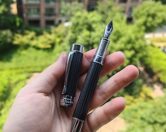 Pengcheng Silver Black Knurled Pattern Fountain Pen Converter Filler F Nib Smooth Writing  Gift