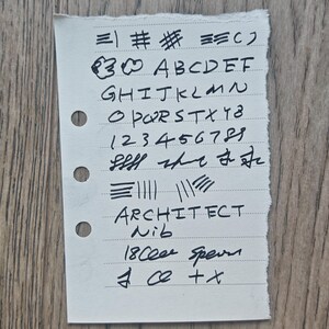 May include: A piece of lined paper with handwritten text in black ink. The text includes letters, numbers, and symbols, along with the words "ARCHITECT Nib" and "18 Cer Sperm". The paper has three holes on the left side.