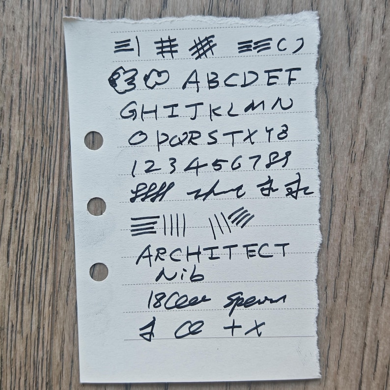 May include: A piece of lined paper with handwritten text in black ink. The text includes letters, numbers, and symbols, along with the words "ARCHITECT Nib" and "18 Cer Sperm". The paper has three holes on the left side.