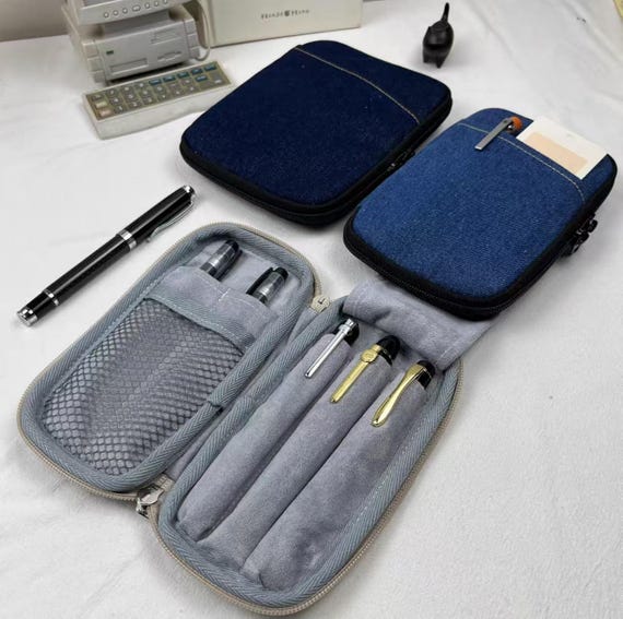 Handmade Blue Fabric Fountain Pen Case: Zippered 3/4/5 Slots