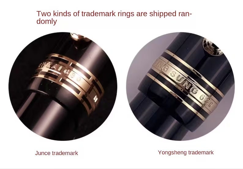 May include: Close-up of two different pen barrel rings. The first ring is gold with the text "Junce 680". The second ring is gold with the text "Yongsheng 680".