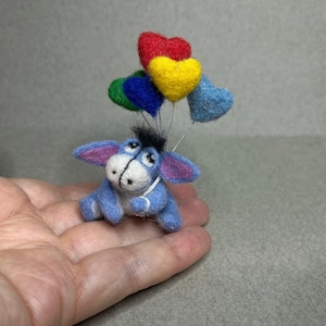 Needle felted Tiny Dreamy Donkey with balloons, donkey, felt animal, Gift, Wool, Collectible