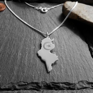 TUNESIË kaarthanger met kinketting in 925 zilver & halve maan + stergravure - kettinglengte selecteerbaar (LK-02/Tunesië+HS)