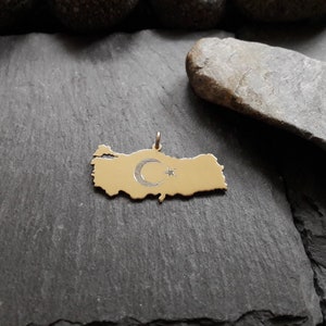 Türkiye kaarthanger in 333 geel goud, kaart met halve maan + stergravure, Türkiye, Turkije, T.C.