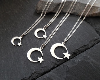 Crescent moon & star pendant with flat curb chain in 925 silver, Ay Yildiz Kolye, Türkiye, Turkey, size and length selectable (AyYi-01)