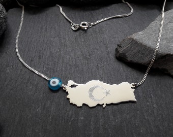 Turkey Wall Maps Necklace in 925 silver, lucky eye & crescent and star engraving, glass bead, blue, map (LK08/Turkey+HS)