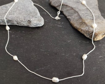 Necklace in 925 silver with 7 Biwa pearls, 40 cm anchor chain with freshwater cultured pearls