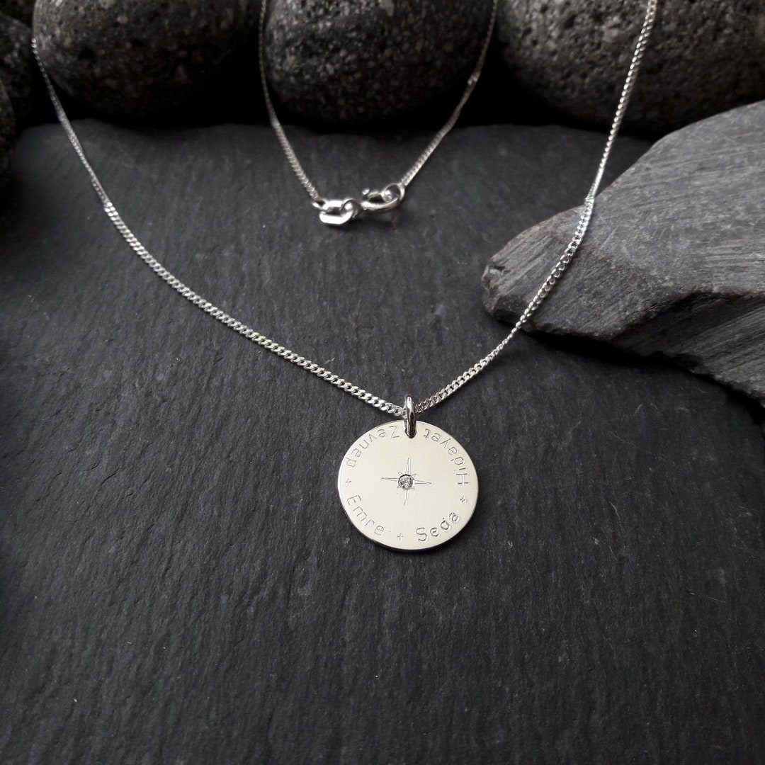 1.5 Cm Engraving Plate Pendant & Curb Chain, 925 Silver, Round ...