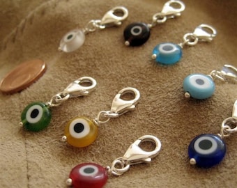 Lucky Eye Charm Pendant with 925 Silver Carabiner & Glass Bead, Choice of Colors (Naz-10)