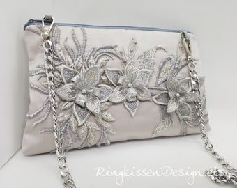 Clutch silber grau- 3D Elegance Spitze mit Perlen", Brautclutch