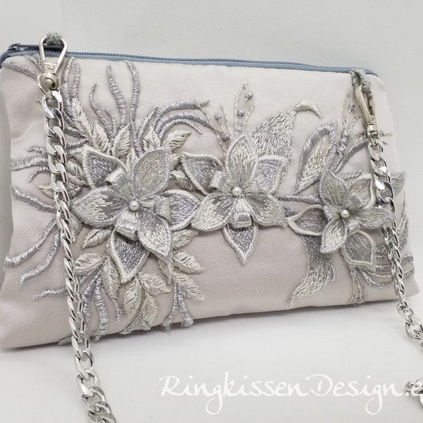 Clutch silber grau- 3D Elegance Spitze mit Perlen", Brautclutch