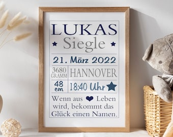 Personalisierte Geburtsanzeige / Geburtsdatenposter / Geburtsdatenbild / Geschenk Geburt Taufe Junge