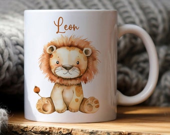 Kindertasse mit Name - Tasse mit Tieren - Tasse Löwe - Kinder Geschenk - Kindertasse personalisiert - Geschenke Mädchen und Junge