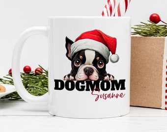 Tasse für Hundemamas personalisiert - Dogmom Becher - Weihnachtsgeschenk - Geschenke für Hundebesitzer - Tasse Boston Terrier Weihnachten