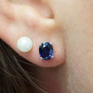 2.15 Carat Natural Oval Cut Blue Sapphire 4 Prong Setting in 14K White Gold Solitaire Stud Earrings with Push Back Closure