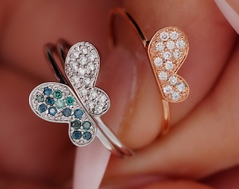 Natural Blue Diamond Butterfly Ring / 14K Dainty Detachable Butterfly Ring / Butterfly Ring Jacket / Friendship Animal Sharing Stack Ring