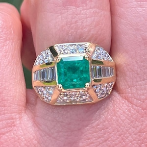 2 Carat Square Cut Colombian Emerald & Baguette Cut Diamond Dome Ring in 18K Solid Yellow Gold | Emerald and Diamond Unisex Cocktail Ring