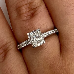 1.24 Carat Cushion Cut Lab Grown Engagement Ring in 18kt White Gold with Diamond Side Stones | H - Color | VS2 Clarity | Cushion Cut