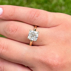 3.12 Carat Cushion Cut Lab Grown Diamond in 14k Yellow Gold Solitaire Engagement Ring | 3 Carat Cushion Cut Lab Diamond Ring