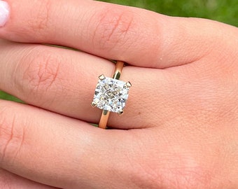 3.12 Carat Cushion Cut Lab Grown Diamond in 14k Yellow Gold Solitaire Engagement Ring | 3 Carat Cushion Cut Lab Diamond Ring