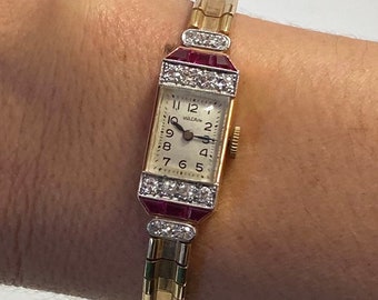 Vintage Vulcain ladies watch with Ruby and Diamond Bezel, Vulcain women's watch in 14k solid gold, Vintage Art Deco Vulcain Watch