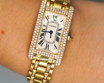 Vintage Cartier Tank Américaine 19mm Diamond Bezel 18K Yellow Gold Quartz Ladies Watch