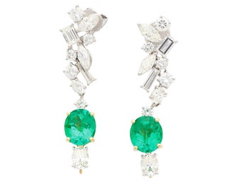 Natural Colombian Emerald and Diamond Detachable Drop Earrings, GRS Certified 4.66 Carat Oval Cut Emerald and Mix Cut Diamond Drop Earrings
