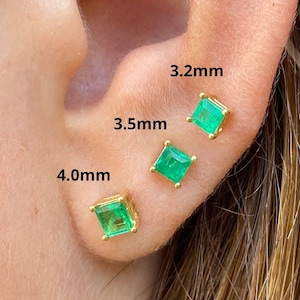 Natural Colombian Emerald Stud Earrings in 18k Solid Gold, 3mm-4mm Real Emerald Square cut Emerald Stud Earrings in 18k Yellow gold