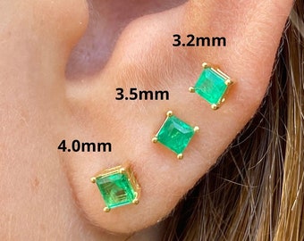 Natural Colombian Emerald Stud Earrings in 18k Solid Gold, 3mm-4mm Real Emerald Square cut Emerald Stud Earrings in 18k Yellow gold