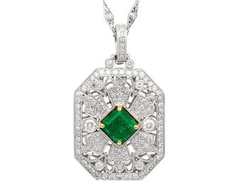 Vintage Art Deco Carved Platinum GRS Certified 3.16 Carat Vivid Green Minor Oil Emerald Pendant with 4 CTTW Round Cut Diamonds