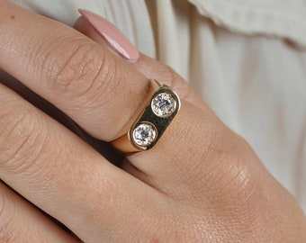 18K Solid Gold Natural Double Diamond Horizontal Ring | 2 Stone Round Cut Genuine Diamond Ring in 18K Yellow Gold