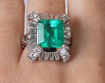 6.78 carat Colombian Emerald Ring, Natural Emerald and Baguette Diamond Halo Ring, GRS certified Emerald, Vintage Emerald Platinum Ring