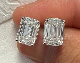 8 Carat Total Emerald Cut Stud Earrings in 14k White Gold Push Back Closure, 4 Carat Each Lab Diamond CVD Emerald Cut Stud Earrings, H/VVS2